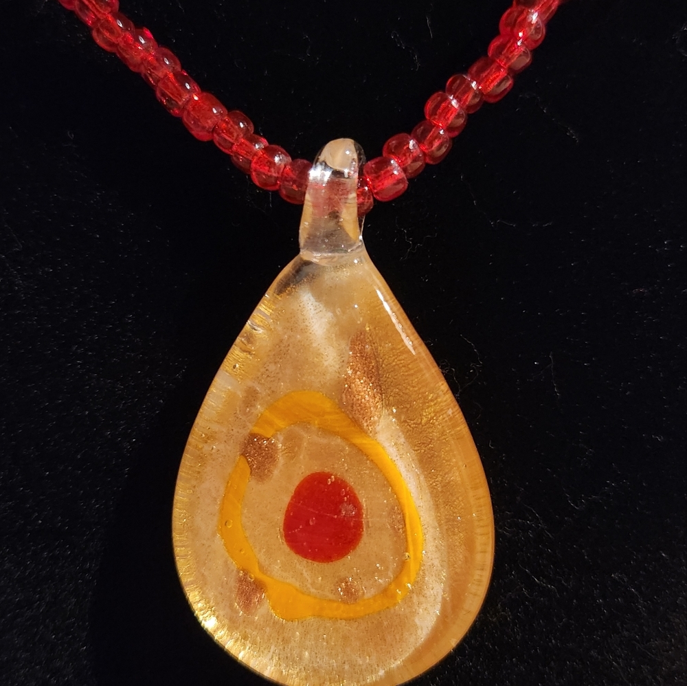 Murano Italy Red and  Gold inlaid beaded Necklace Pendant